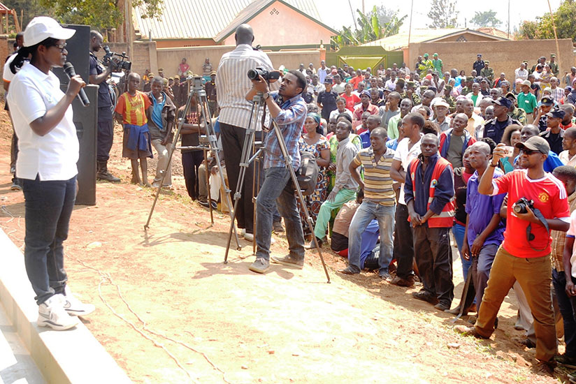 City of Kigali mayor Monique Mukaruliza addresses Rusororo residents after the special umuganda. / Courtesy.