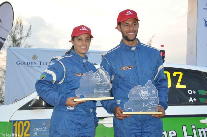 Muna Singh Jr. and his navigator Jasmeen Singh after the Rwanda Mt. Gorilla rally in Nyamata on Sunday. (J. Muhinde)