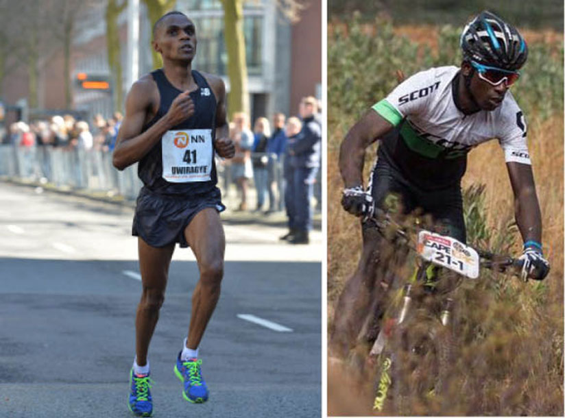 Ambroise Uwiragiye (L)during the NN Rotterdam marathon in which he qualified for Rio Olympics, and Nathan Byukusenge, seen here in action at the 2016 Absa Cape Epic, are upbeat ahe....