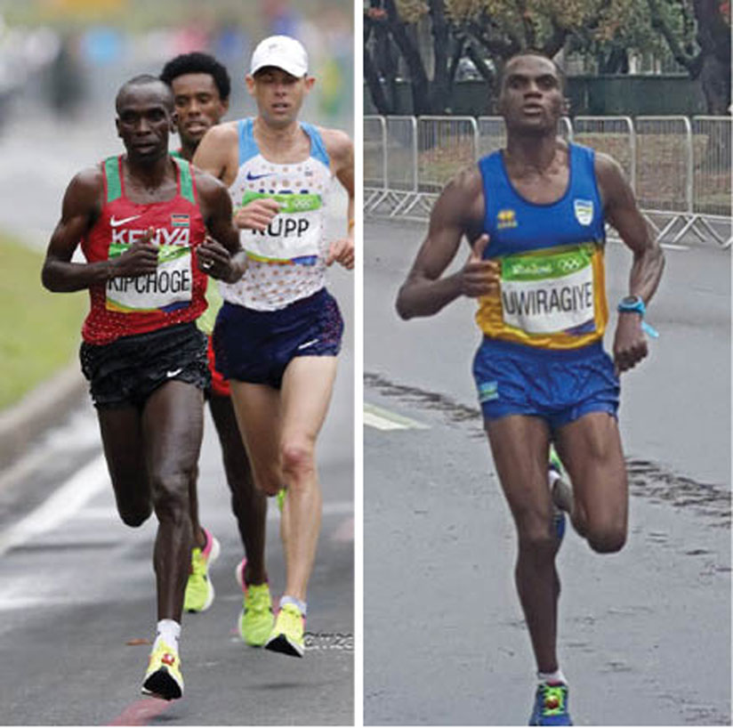 Rwanda's Uwiragiye (R) races in the Rio Olympics men's marathon on Sunday where he finished 99th in the race won by Kenyau2019s Kipchoge  (L) ahead of Ethiopiau2019s Lilesa  and Rupp o....