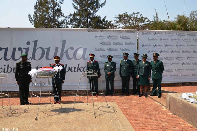 Lt. Gen. Tlali Kamoli lays a wreath on the graves of the victims of the 1994 Genocide against the Tutsi at Kigali Genocide memorial in Gisozi, yesterday. (Courtesy.)