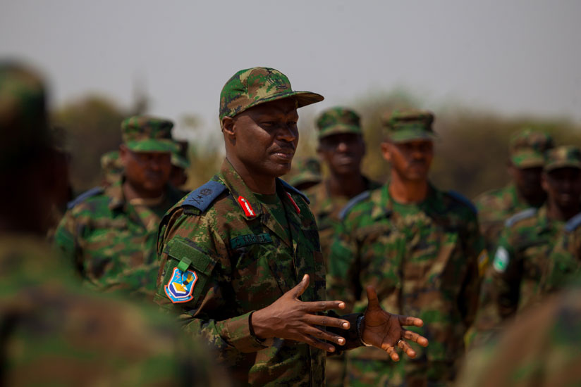 Brig. Gen. Karamba briefs the fifth contingent of Rwanda aviation Unit ahead of their mission to South Sudan. (Timothy Kisambira.)