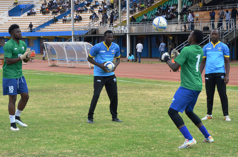Ibrahim Mugisha (far right) during a training session with Amavubi goalkeepers, Eric Ndayishimiye (#1), JC Ndoli and Olivier Kwizera (#18). (S. Ngendahimana)