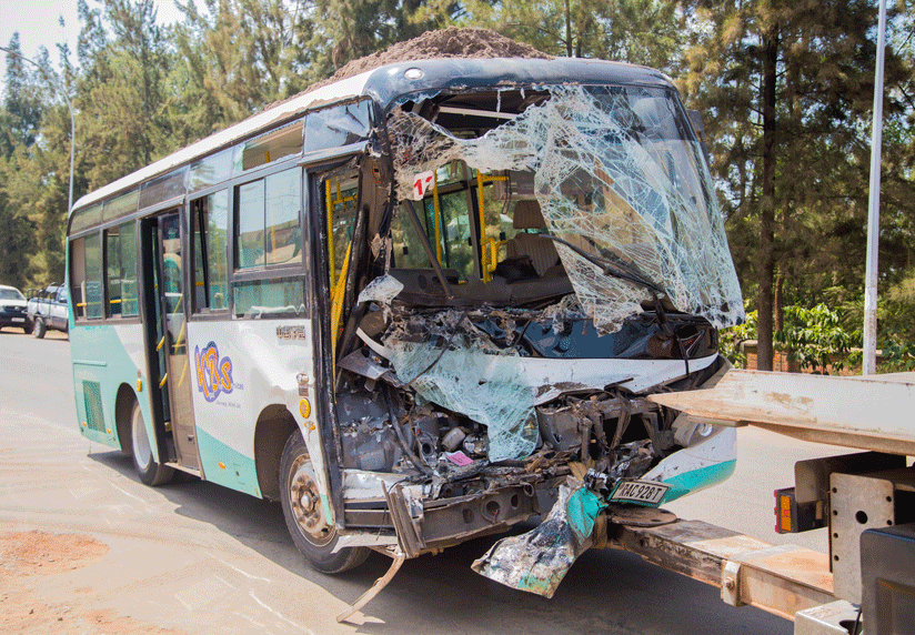 The wreckage of a KBS passenger bus which was involved in an accident in Kicukiro District in June. (Faustin Niyigina)
