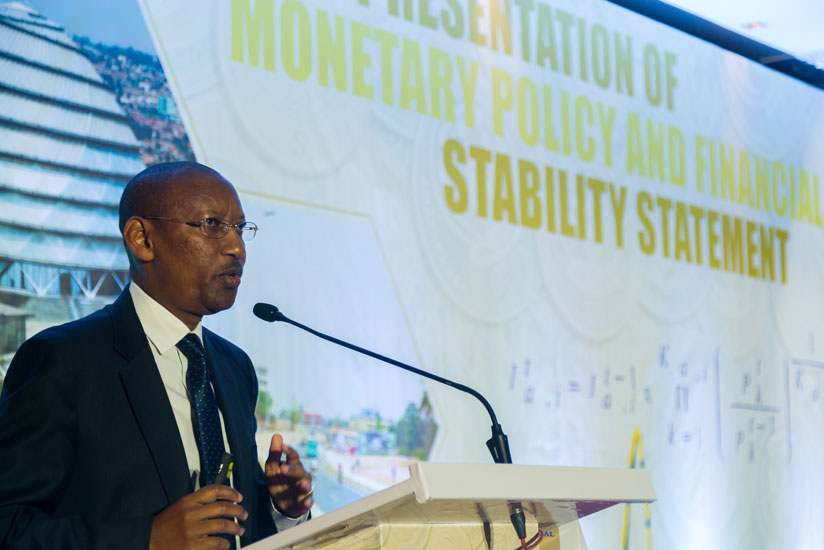 Rwangombwa gives the Monetary Policy and Financial Stability statement in Kigali yesterday. / Timothy Kisambira.