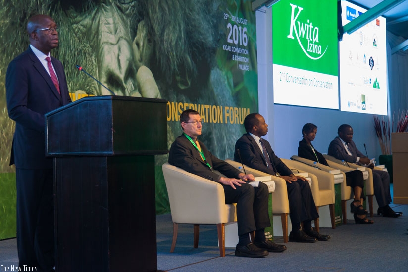 Premier Murekezi speaks during Kwita Izina u2018Conversation on Conservationu2019 Conference in Kigali yesterday. (N. Imbabazi)