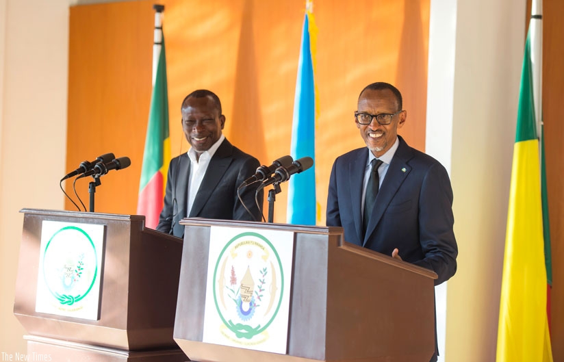 President Kagame and his Benin counterpart Patrice Talon address a joint news conference at Village Urugwiro in Kigali yesterday. (Village Urugwiro)