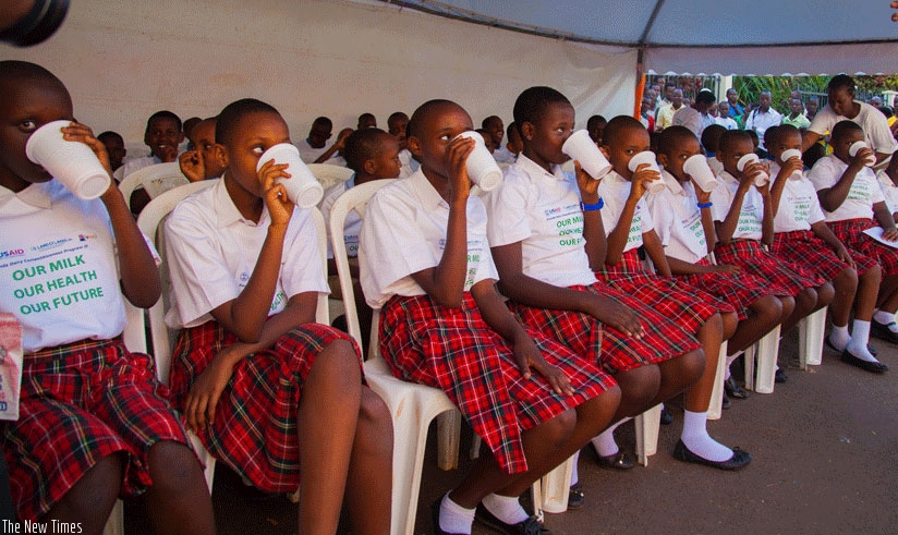 Pupils enjoy milk at the launch of the campaign to raise awareness of the importance of drinking milk in Kigali last week. Experts have called for increase of milk consumption in A....