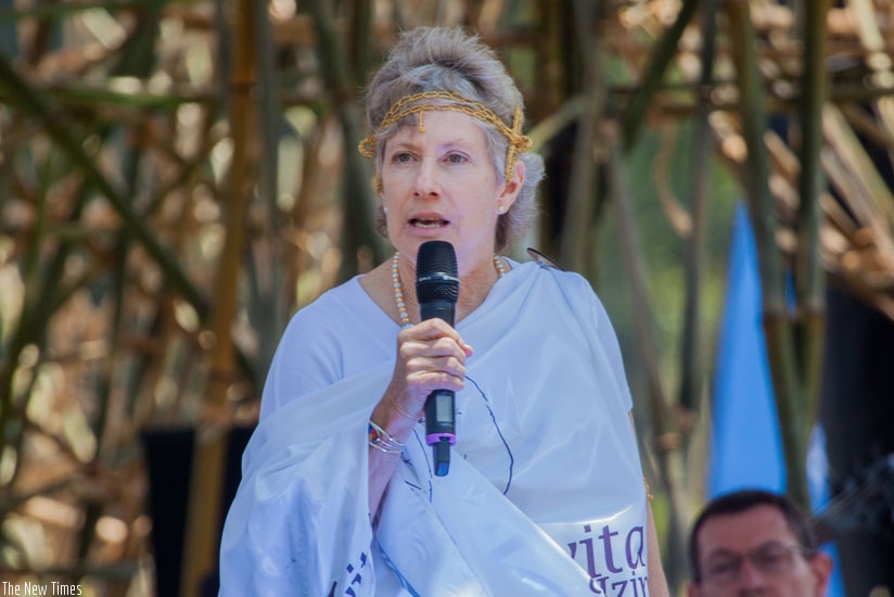 McDonald naming a baby gorilla during Kwita Izina ceremony last week. / Faustin Niyigena.