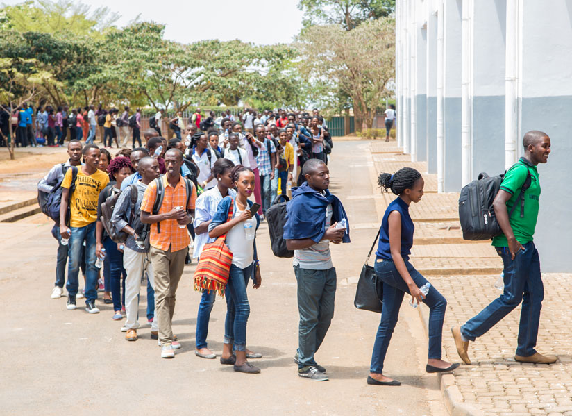 Some of the students line up at Petit Stade in Remera to be briefed ahead of a weeklong civic education. (Photos by Faustin Niyigena)