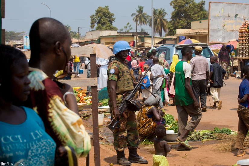 A Rwandan peacekeeper on patrol in Bangui, Central African Republic. / Timothy Kisambira.