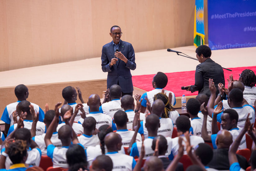 President Kagame addresses youths at the closing of Itorero Intagamburuzwa at Kigali Convention Centre yesterday. Kagame called on the youth to play their part in upholding the cul....
