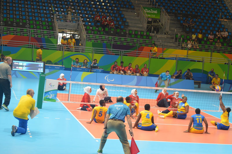 Rwanda women sitting volleyball team in action against Iran in Rio de Janeiro in Brazil on Monday. / Courtesy
