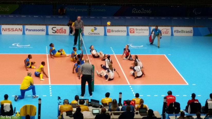 Rwanda women sitting volleyball team play against USA during their final group B game on Wednesday. (Courtesy)