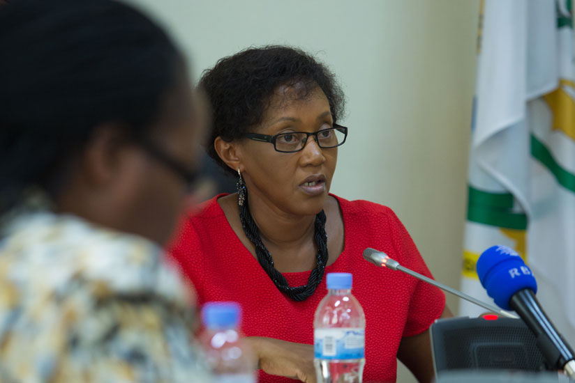 The Minister for Cabinet Affairs, Stella Ford Mugabo, addresses journalists during the news conference in Kigali yesterday. (Photos by Timothy Kisambira)rn