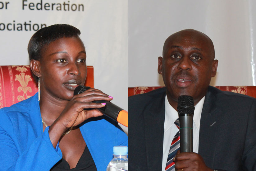 Peace Basemera (L), from MINICON and Gerard Mukubu Nkusi, deputy CEO PSF Rwanda give their remarks at the event. / Moses Opobo