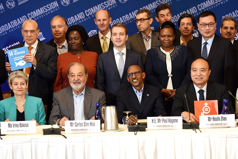 President Kagame with Carlos Slim Helu, a Mexican business magnate (left), Houlin Zhao, International Telecommunication Union Secretary-General (R), and Irina Bokova, the director-....