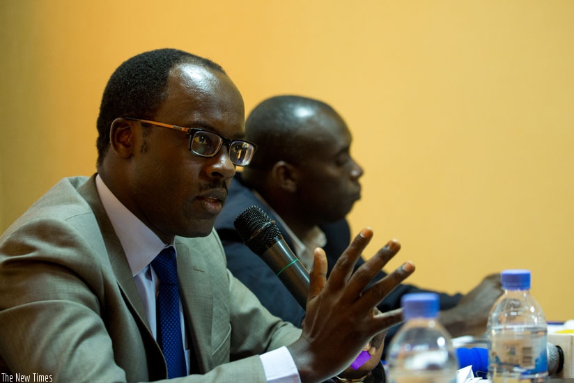 Fidele Ndayisaba, the executive secretary of the National Unity and Reconciliation Commission, briefs the media on tomorrow's International Peace Day activities in Kigali yesterday....