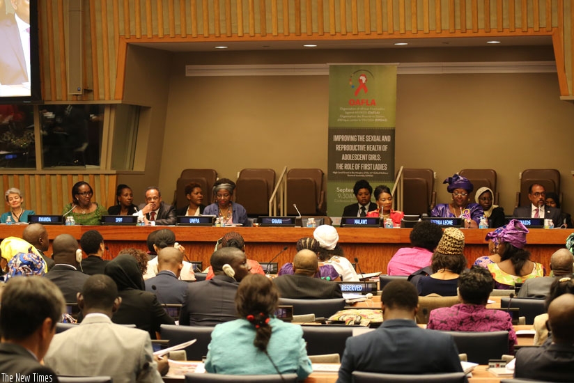 The First Lady,  Jeannette Kagame (2nd left, background), at the OAFLA high-level meeting on improving adolescent girls sexual and reproductive health in  New York on Wednesday. (Courtesy)