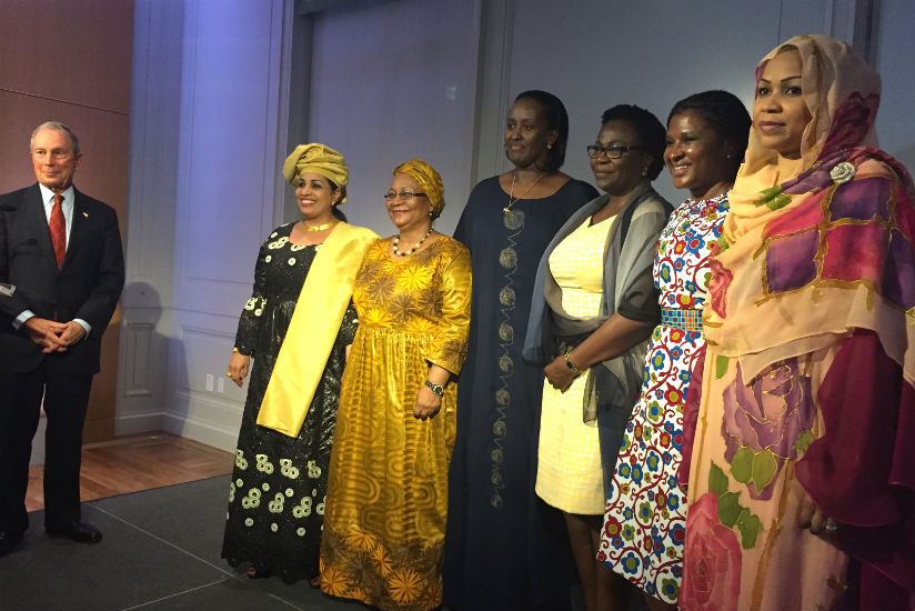 (FROM LEFT) Founder of Bloomberg Philanthropies, Michael Bloomberg, stands next to the First Ladies, Dr Malika Issoufou Mahamadou of Niger, Mrs Aminata Maiga Keita of Mali, Mrs Jea....