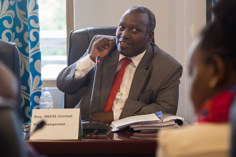 MP Juvenal Nkusi, the PAC Chairperson, speaks during the appearance of RBC officials before the committee earlier in the day. / Nadege Imbabazi.