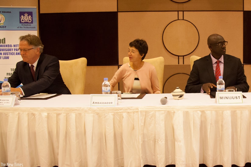 L-R: Riedstra, Amb. Frederique Maria de Man and Minister Busingye during the meeting in Kigali yesterday. (Photos by Timothy Kisambira)