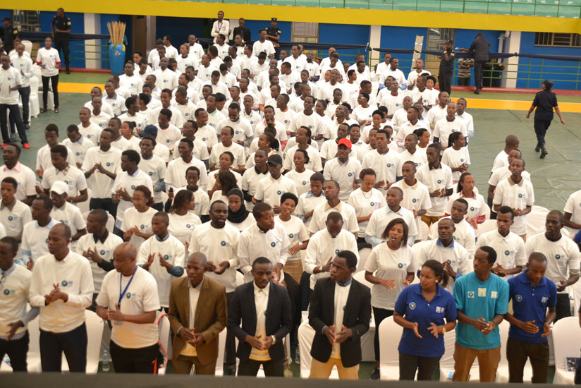 Students at Amahoro National Stadium take part in a new Police initiative to engage them in policing and crime prevention yesterday. / Courtesy.