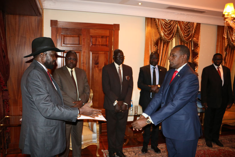 Rwanda's High Commissioner to Uganda Frank Mugambage on Wednesday presented his credentials South Sudanese President Salva Kiir. Seated next to Amb. Mugambage is Lt. Col. James Bur....