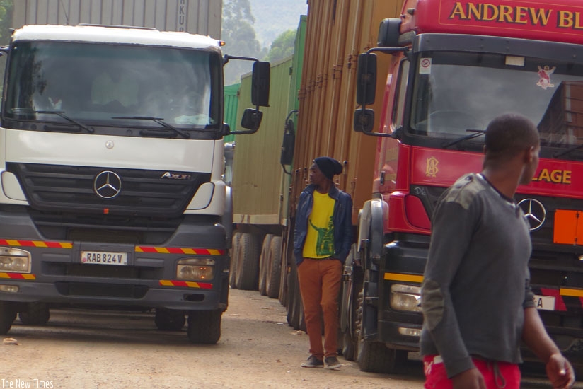 Cargo trucks at the Uganda-Rwanda border at Gatuna. Logistics sector players want review of import duty law. (File photo)