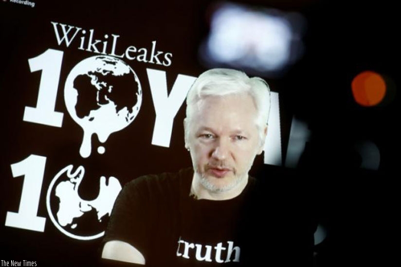 Julian Assange, Founder and Editor-in-Chief of WikiLeaks speaks via video link during a press conference on the occasion of the ten year anniversary celebration of WikiLeaks in Ber....