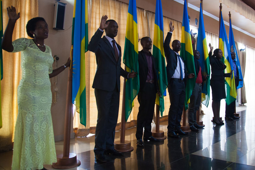 Some of the court bailiffs and notaries from across the country who were sworn in yesterday, in Kigali. / Nadege Imbabazi. 