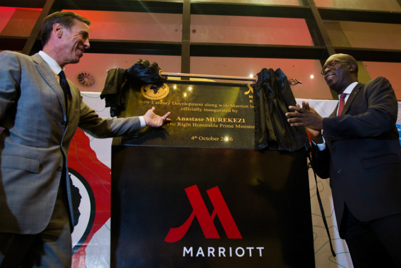 Prime Minister Anastase Murekezi and Arne M. Sorenson, President and Chief Executive Officer of Marriott International, during the grand opening of Kigali Marriott Hotel located in....