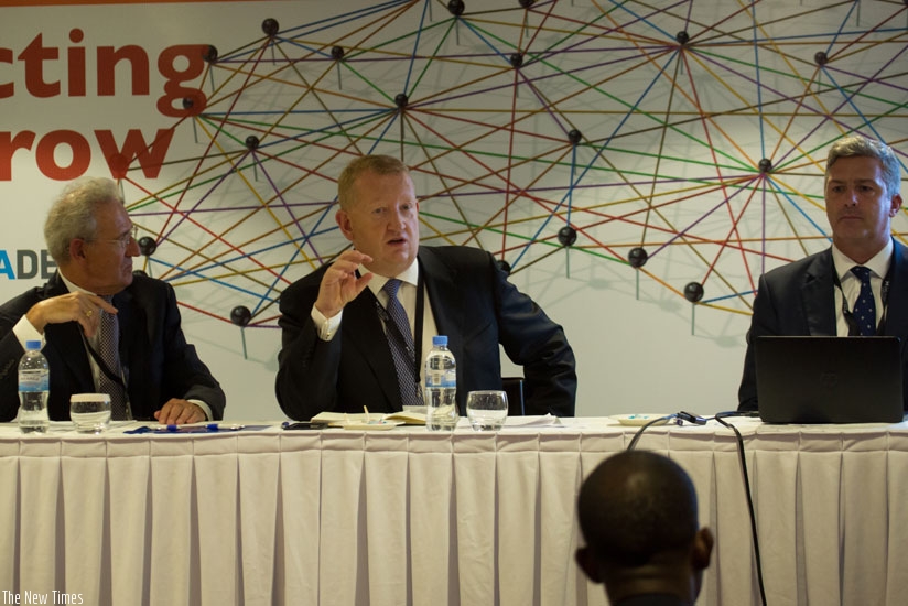 Fitzgibbon (C) speaks during a panel discussion with Michael Cooper, Hilton Worldwide vice-president for development sub-Saharan (L), and Daniel Ford, Hilton Worldwide director of ....