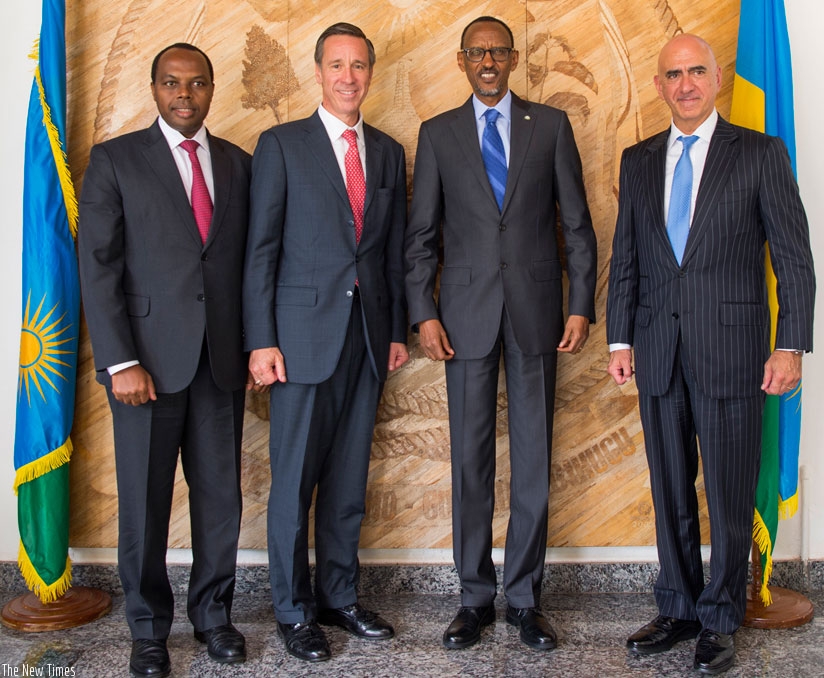 President Kagame with Arne Sorenson, Chief Executive Officer of Marriott International (second left), Alex Kyriakidis, Marriott president and Managing Director of Middle East and A....