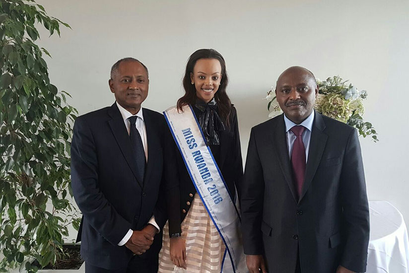 Miss Rwanda 2016 Jolly Mutesi with Firmin Matoko of UNESCO (L) and Rwanda's ambassador to France, Jacques Kabale. / Courtesy photos.