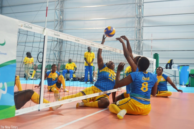Rwanda national women sitting volleyball team prepare to face Canada in the 7-8th place classification match at the 2016 Rio Paralympic Games. / Courtesy.