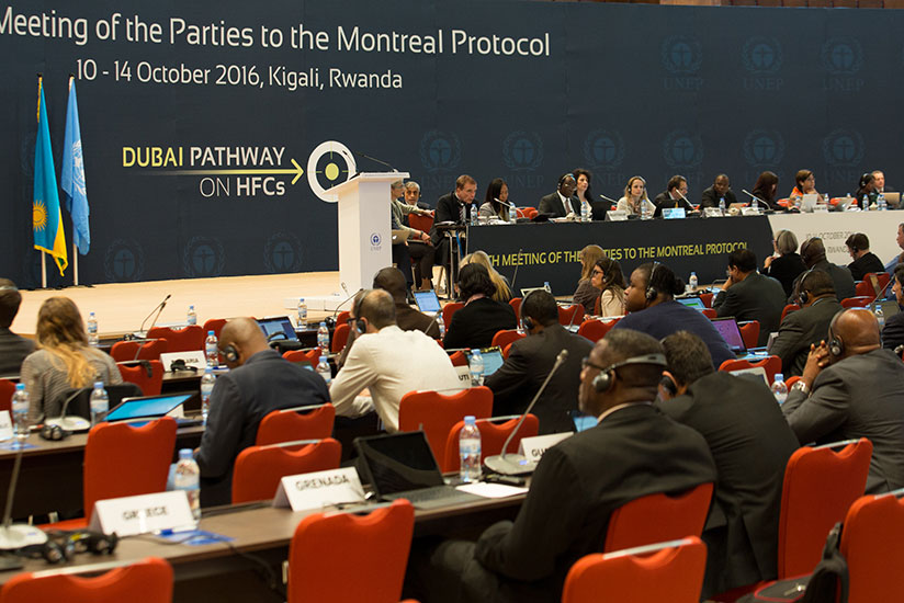 Participants follow proceedings during the meeting on Montreal Protocol in Kigali yesterday. As ministers converge in Kigali for Montreal Protocol meeting at which talks they will ....