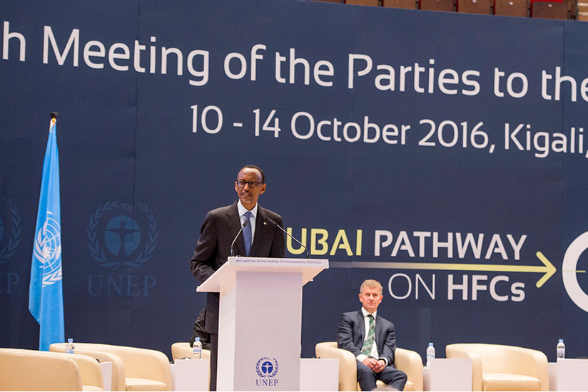 President Kagame addresses the Meeting of the Parties to the Montreal Protocol at Kigali Convention Centre yesterday. The President said that the earliest possible phase-down of hy....