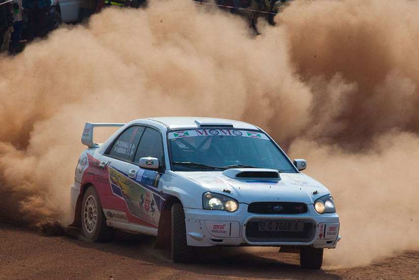 Reigning national champion Roshanali and his navigator Jean-Jean Giesen in their Subaru Impreza, lead the NRC standing with 90 points. / Nadege Imbabazi