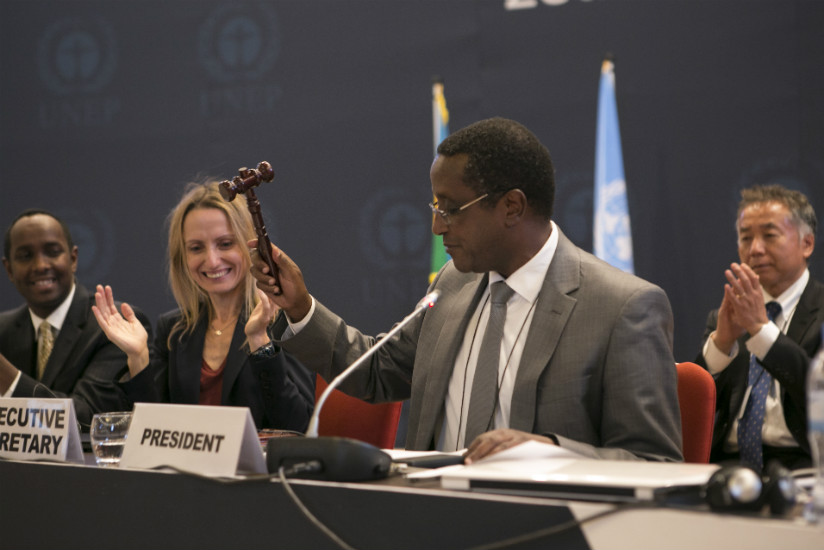 Minister Biruta gavels to symbolize the closing the deal as parties agree on the Kigali amendment. / Gabriel Dusabe