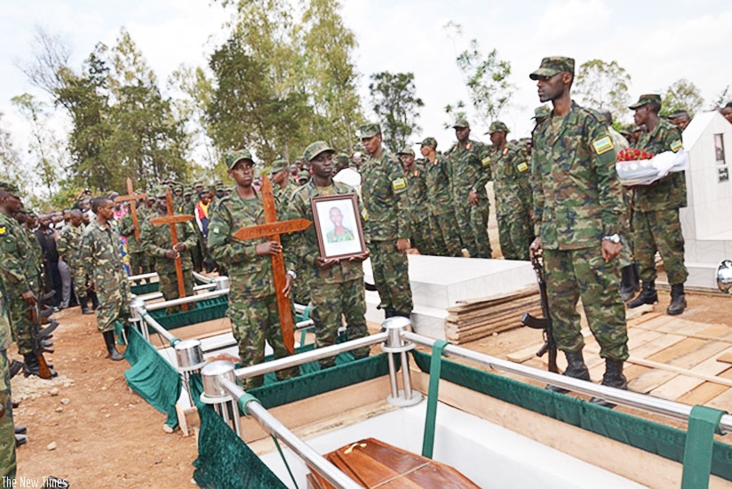 Burial of the RDF accident victims at Kanombe Military Cemetery last week. / Courtesy.