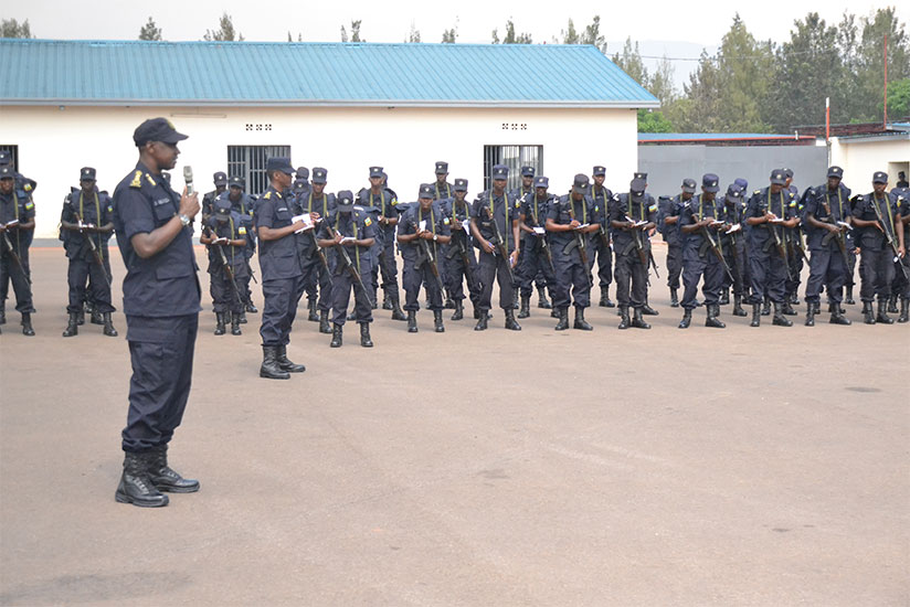 DIGP Munyuza addressing the Central Africa bound police peacekeepers yesterday. / Courtesy 