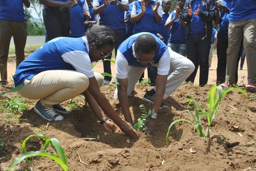 Dr Karusisi (L) and Minister Biruta plant a tree in Nyagatare District. / John Mbaraga.