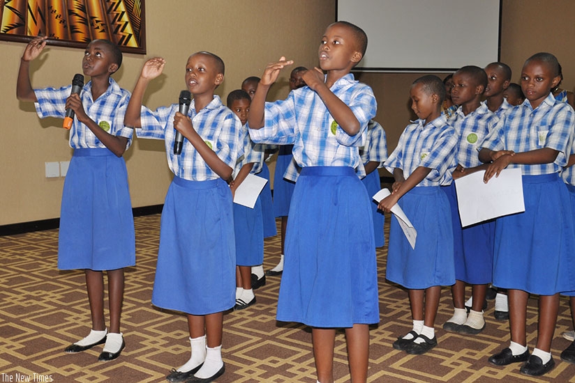 10-year old girls show their talent during an interactive session at the launch of the State of the World Population report in Kigali last week. / Elias Hakizimana.