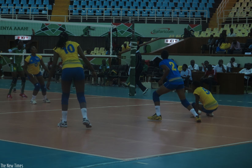 Rwandau2019s U23 women volleyball team in action against Senegal in Nairobi on Sunday. They beat the West Africans 3-1 to ensure a dream start to the continental showpiece. (Peter Kamasa.)