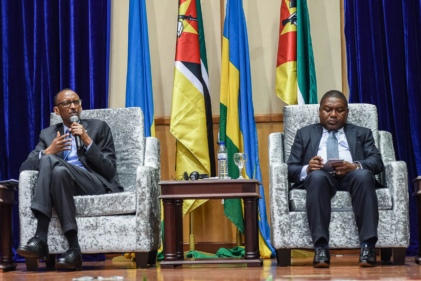 President Kagame gives a public lecture to academics and members of the business community in Maputo, Mozambique, as his host, President Filipe Nyusi, follows yesterday. Kagame sai....