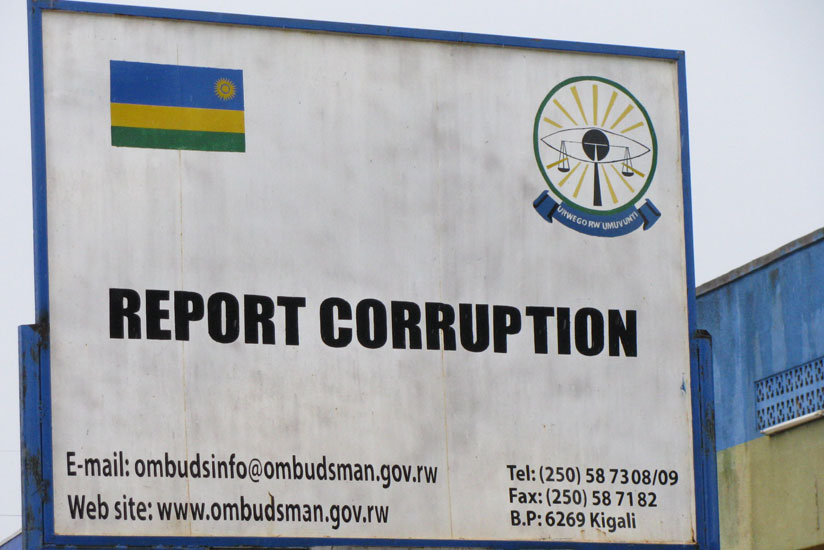 A signage encouraging citizens to report any form of corruption in Kigali. (File)