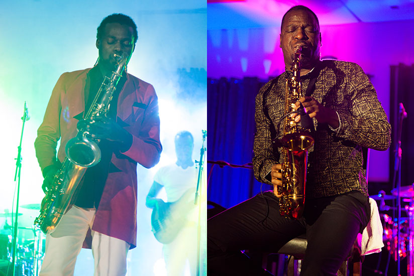 LEFT: Herbert Rock performs during the Kigali Jazz Junction on Friday. RIGHT: Isaiah Katumwa on the sax. / All photos by Nadege Imbabazi