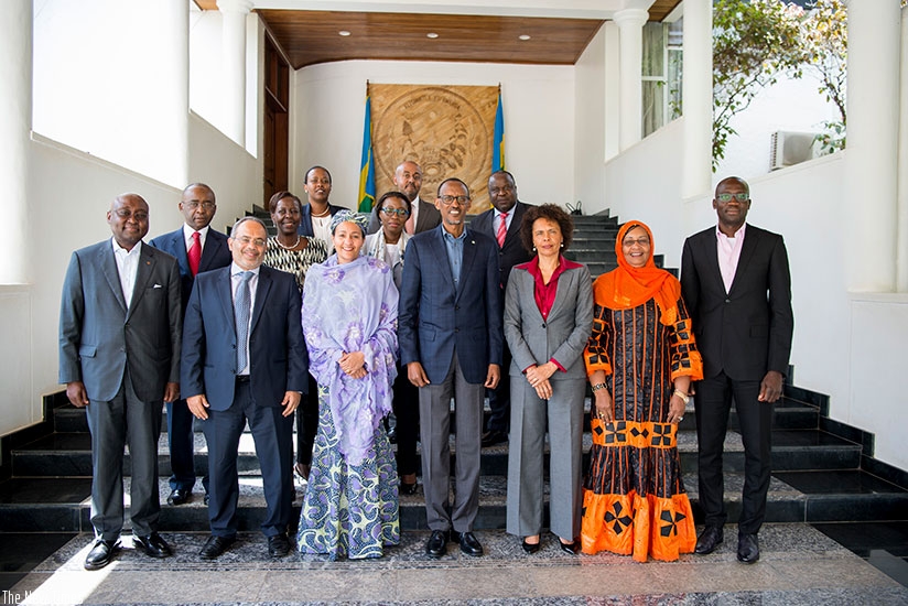 President Kagame in a group photo with members of the AU Reform Steering Committee after a consultative meeting in Kigali yesterday. / Village Urugwiro