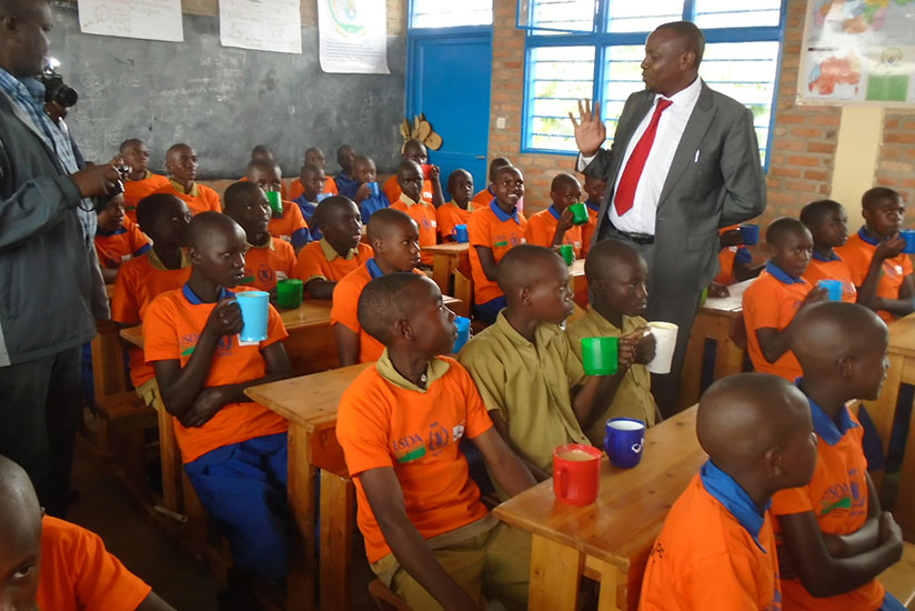 Pupils of P4 at Sanza Primary School during a visit by State Minister Munyakazi. / Lydia Atieno